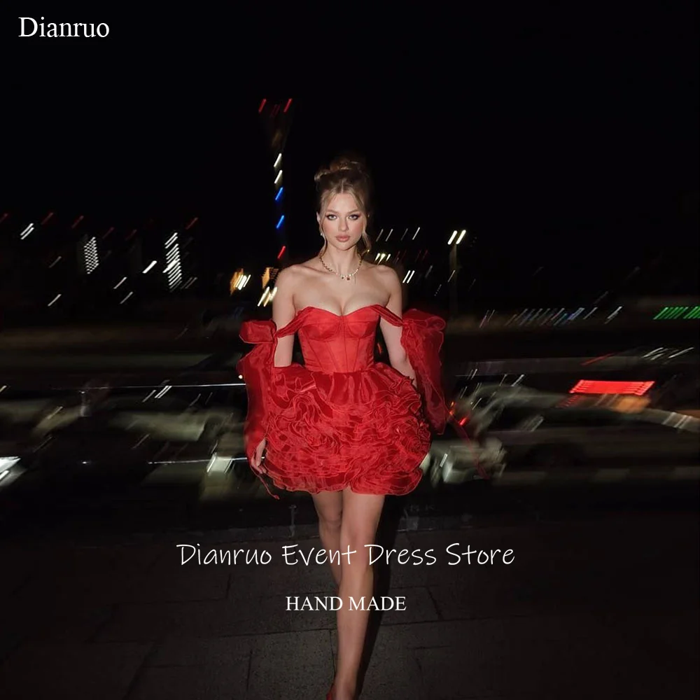 

Dianruo Ruffled Tiered Organza Mini Prom Dress A Line Red Evening Dresses Off Shoulder Sweetheart Robes De Cocktail Customized