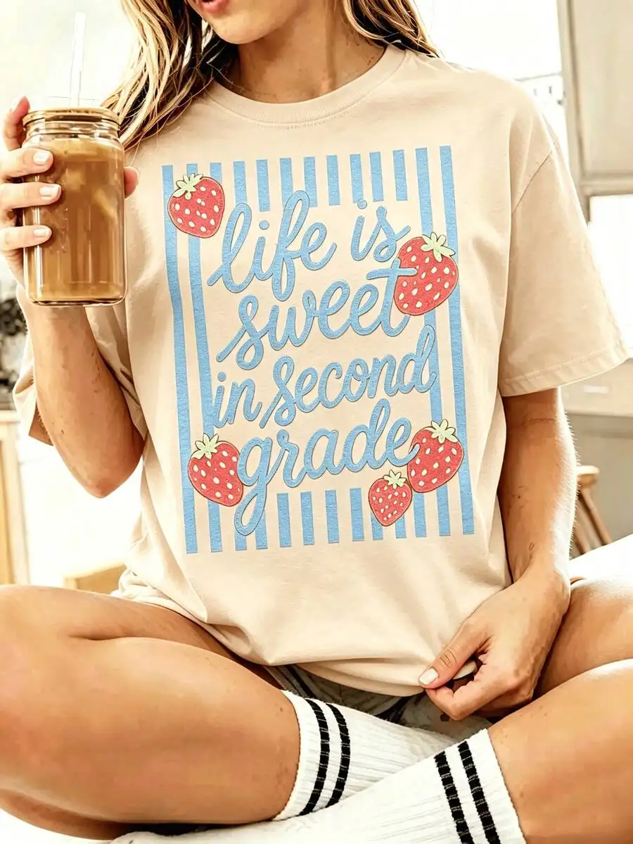 Unisex Second Grade Strawberries Teacher Print 2nd Grade Crew Back To School Casual Short Sleeve Crew Neck Graphic T‑Shirt Tee Top