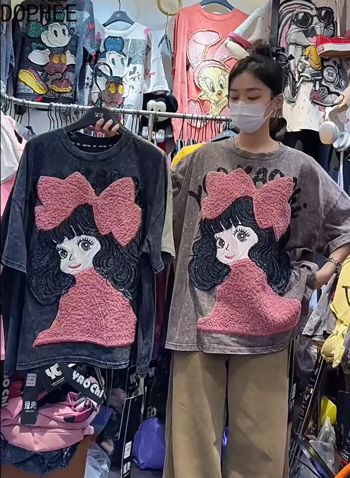 

Женская футболка с мультяшной вышивкой для снижения возраста, пуловер большого размера с круглым вырезом, топ, новые осенние милые хлопковые футболки средней длины