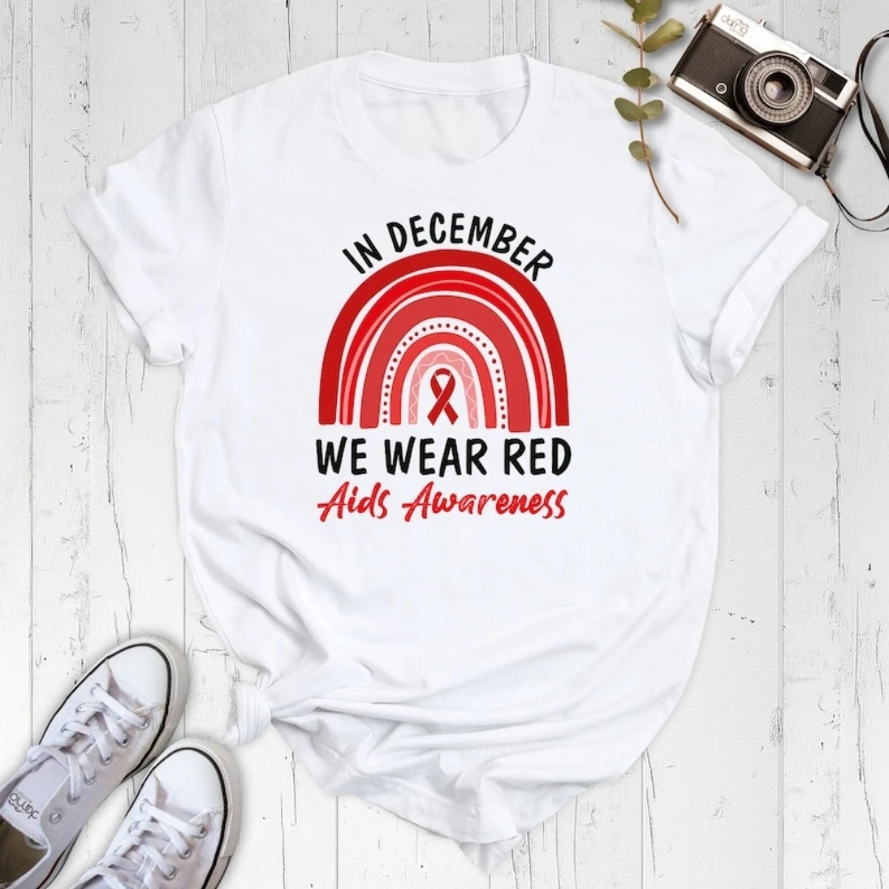 AIDS Awareness Shirt Red Ribbon Graphic T Shirts in December We Wear Red AIDS Awareness Tee Motivational Inspirational Tops
