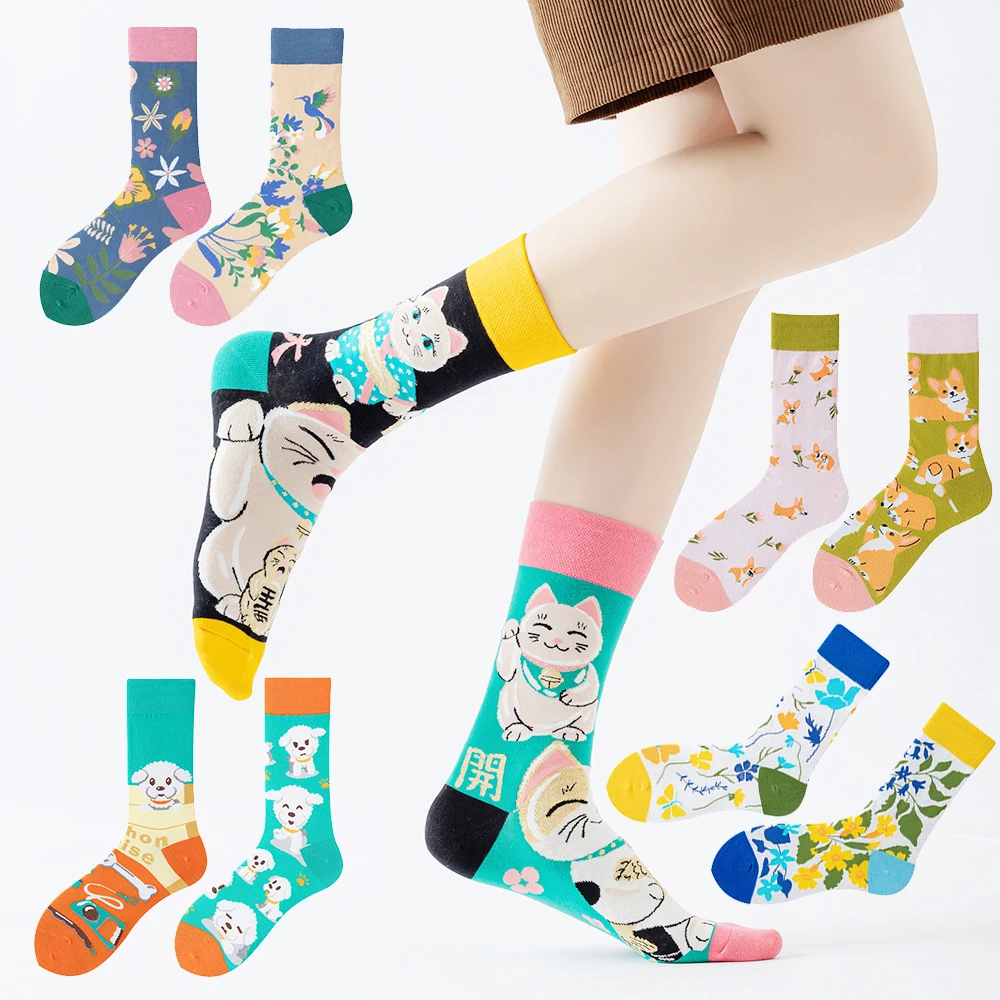 

1 Pair Man Women Sock Original AB Tide Socks Colorful Cat Dog Koala Cow Cotton Socks Four Seasons Unisex Medium tube Socks Gift