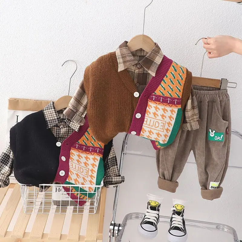 Childrens Sweat Set Korean Baby Boy Clothes 6M-5T Cartoon Knitted Vest + Plaid Shirts + Pants 3PCS Kids Boys Outfit Set