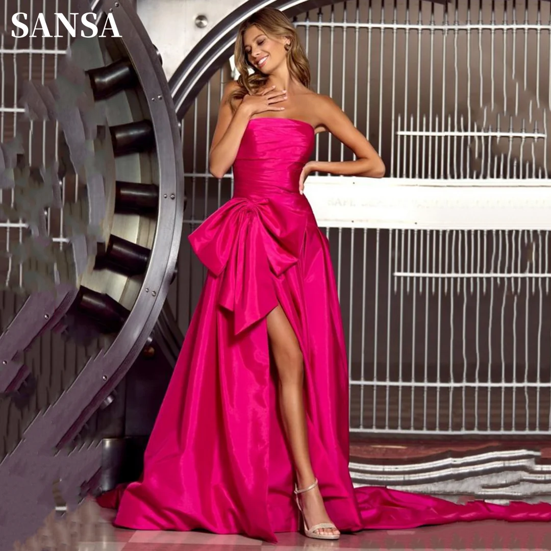 Sansa Hot Pink Satin فساتين السهرة Silk Strapless Vestidos De Noche A-line Bow On Waist Prom Dresses Sexy Party Dresses