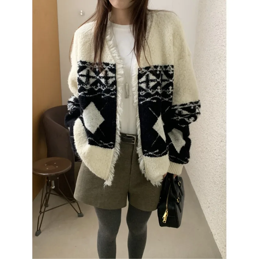 

Soft Knitted V-Ne Color Blo Thiened Loose Sweater Cardigan for Women Korean Sle Winter Outerwear Casual Street Sle