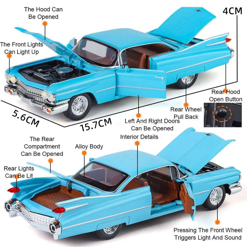 Schaal 1:32 Cadillac Eldorado Auto's Speelgoedmodellen Rubberen banden met lichte muziek Voertuigen Wiel Trek Miniatuur Automodel Ornament