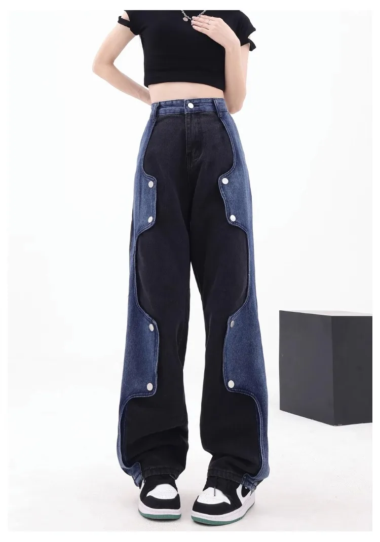 Y2K Harajuku Blue High Waist Casual Jeans Pants Autumn Winter Women's Vintage Streetwear Style Patchwork Denim Trouser