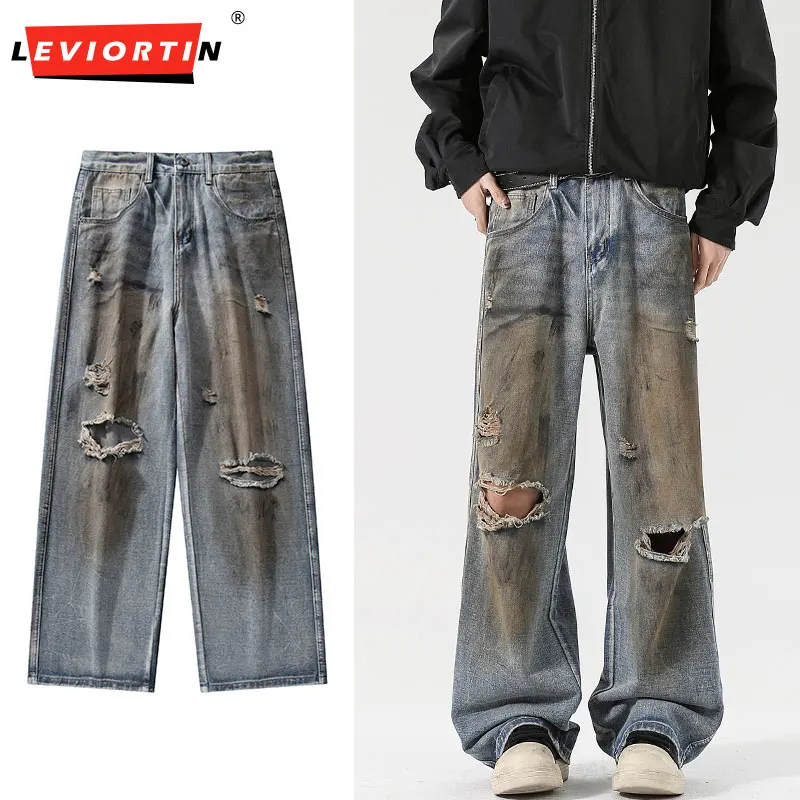 

Spring/Summer Men Curved Dagge Jeans Pants Y2K Street Style Distressed Denim Trousers with Burnt, Salt-Washed