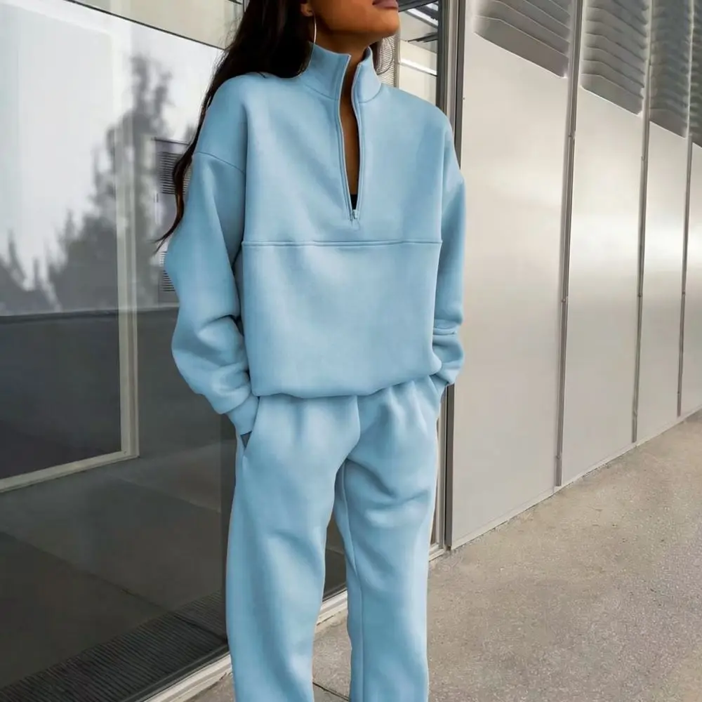 Women Casual Tracksuit Set Half Zip Long Sleeve Sweatshirt Wide Leg Trousers Sport Two Piece Outfit Cozy Active Wear