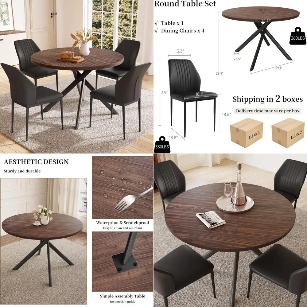 Mid Century Walnut Round Dining Table Set for 4 People, Suitable for Small Dining Room or Kitchen in Apartments