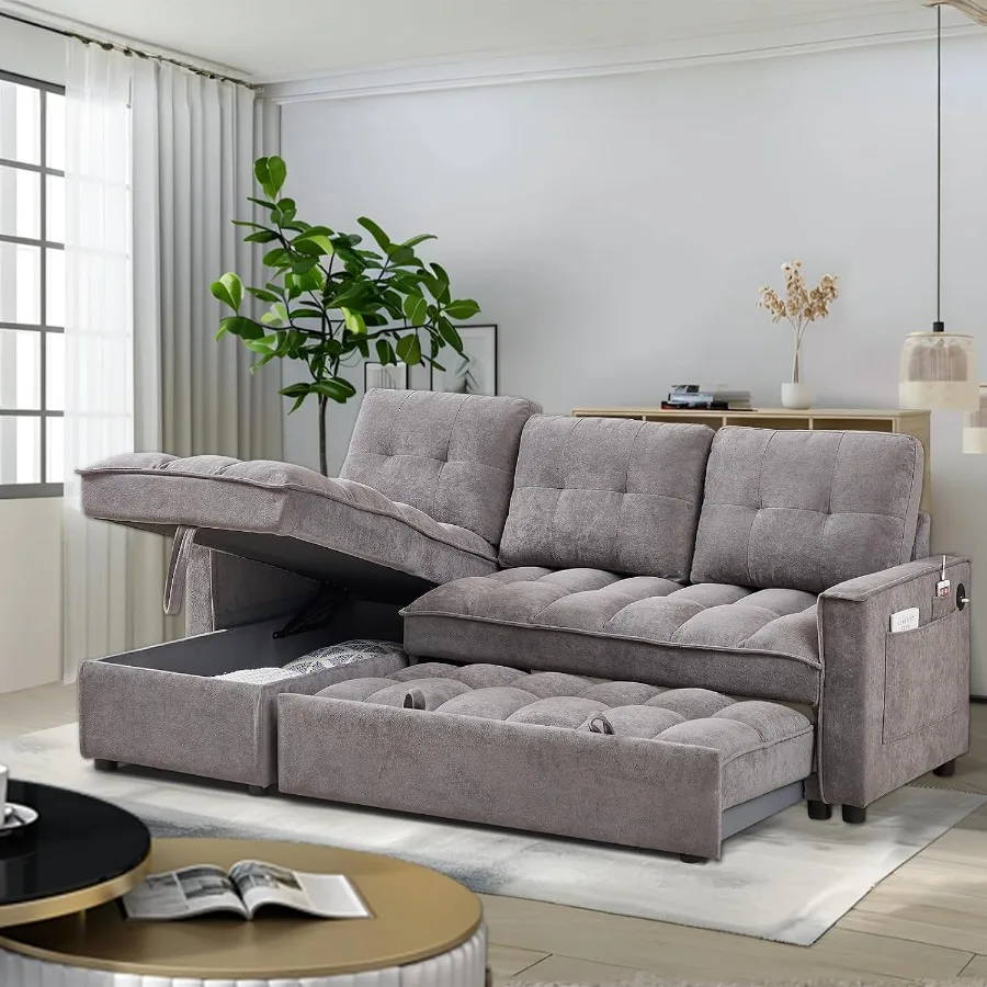 L-Shaped Sectional Sleeper Sofa for Living Room Apartment, Chenille Fabric in Dark Grey, with USB and Type-C Charging Ports, Re