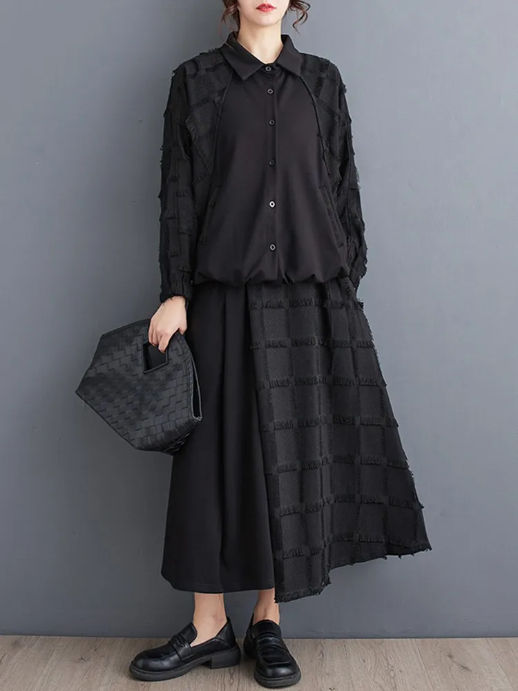 

2 Piece Sets Women Casual Skirt Suits New 2023 Autumn Vintage Style Female Long Sleeve Black Shirt And A-line Long Skirts B3160