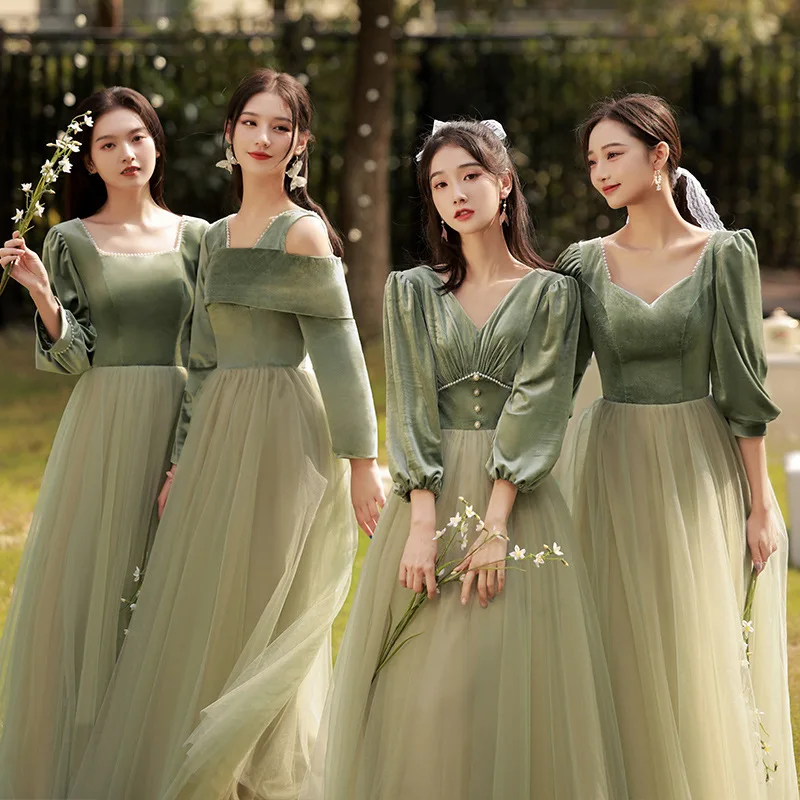 Korean Corduroy Lace Splicing Style Bridesmaid Dresses Summer New Green Evening Dresses Women's Fairy Long Sleeve Dress