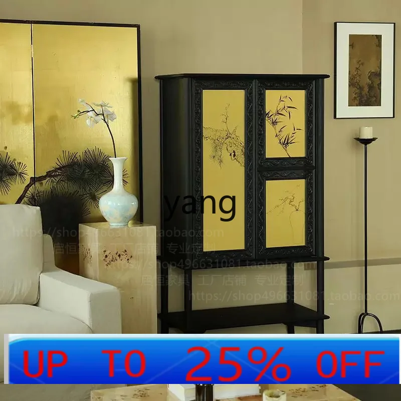 

LH French retro style solid wood porch cabinet new Chinese carved dining side cabinet black wall display cabinet
