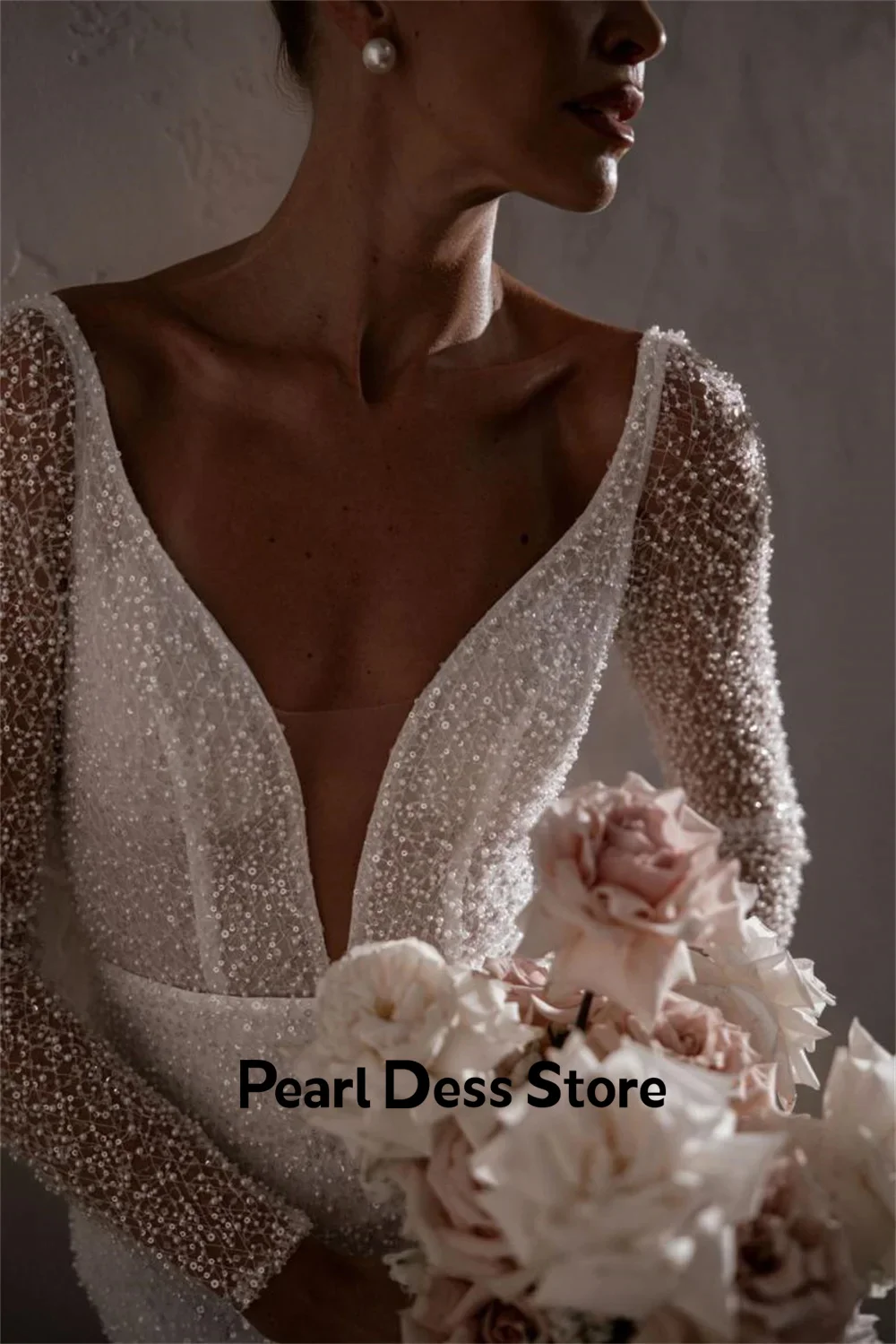 Pearl Backless Dresses Gala Dresses Woman 2024 for Party Fish Tail Luxury Dress for Weddings White Shiny Long Sleeves Ball Gowns