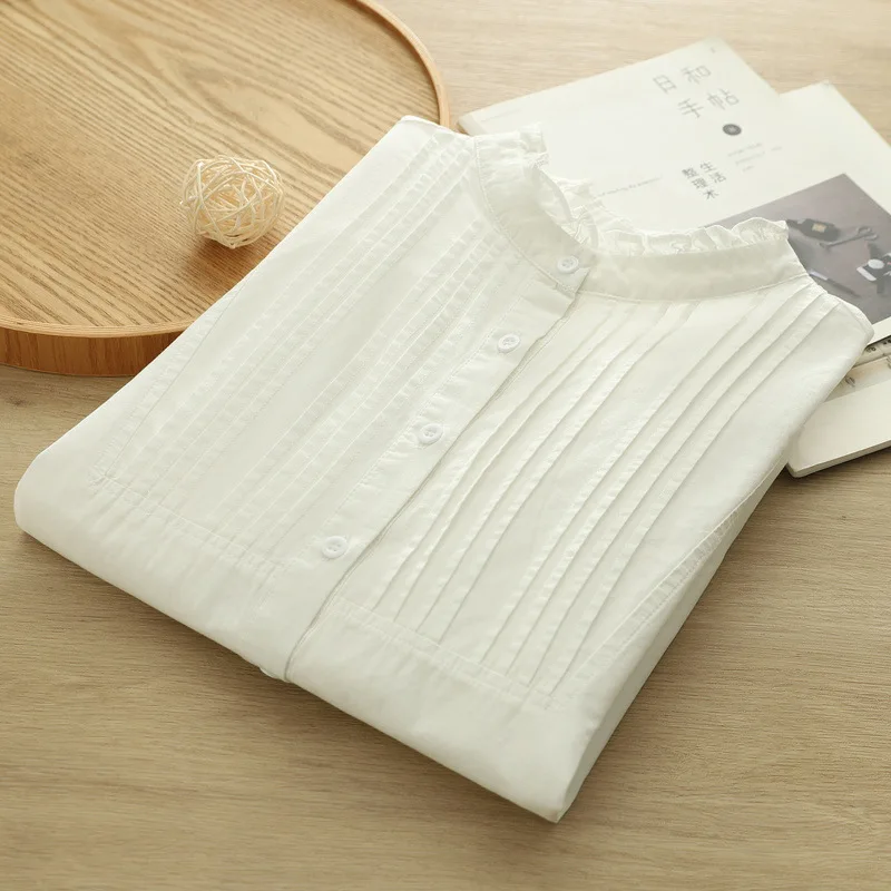 Neue 2025, Herbst Baumwolle Langarm Shirt, Frauen Stehen Falten Rüschen, Mori Mädchen Mode Lässig Lose Bluse T59821CC