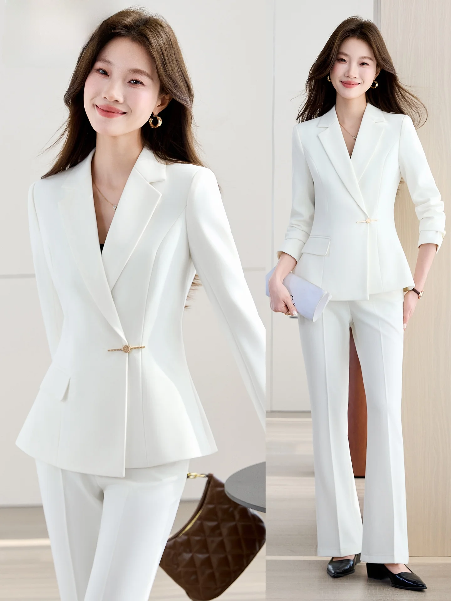 

Белый профессиональный костюм для женщин: комплект для офиса, официальных мероприятий, телевещания, экзаменов, ведущих, с брюками-клеш в западном стиле