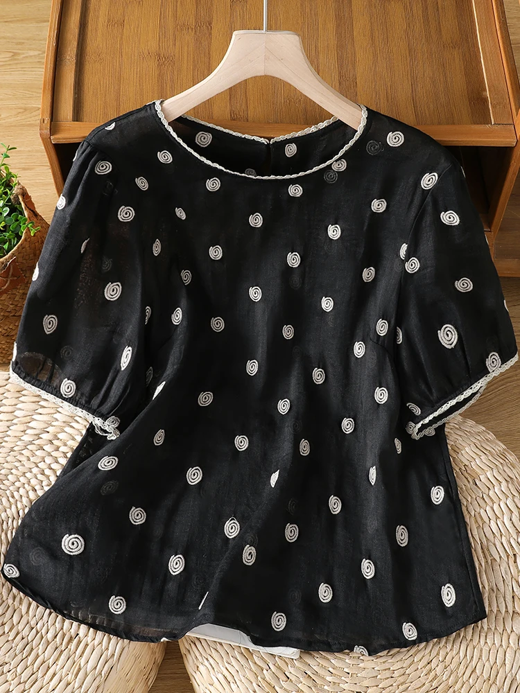 

Lightweight Summer New Polka Dot Embroidery T-Shirt Women's Large Size Lace Trim round Neck Short Sleeve Top Cotton Linen Blend