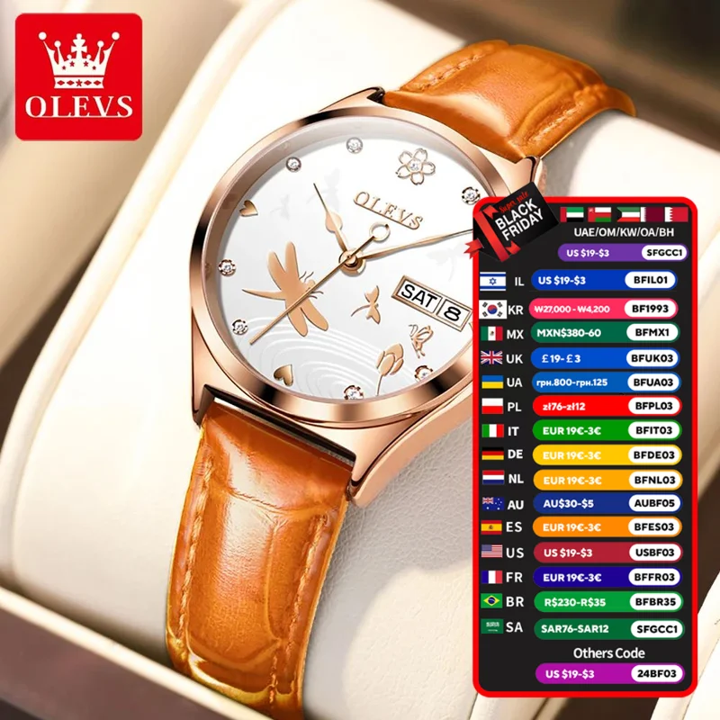 Womens Wrist Watch OLVES 6611 Automatic Mechanical Watches For women Orange Leather Strap Waterproof Luminous Date Week