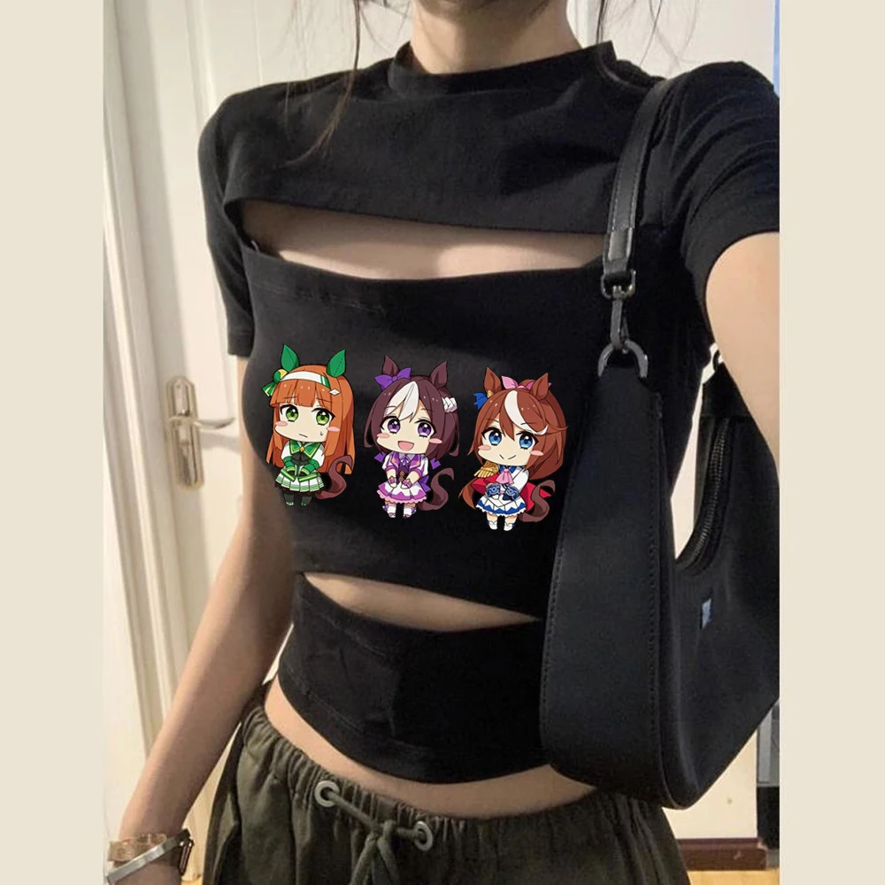 Umamusume Pretty Derby crop top girl anime jojifuku goth scene  emo t-shirt harajuku emo dollette grunge 2000s