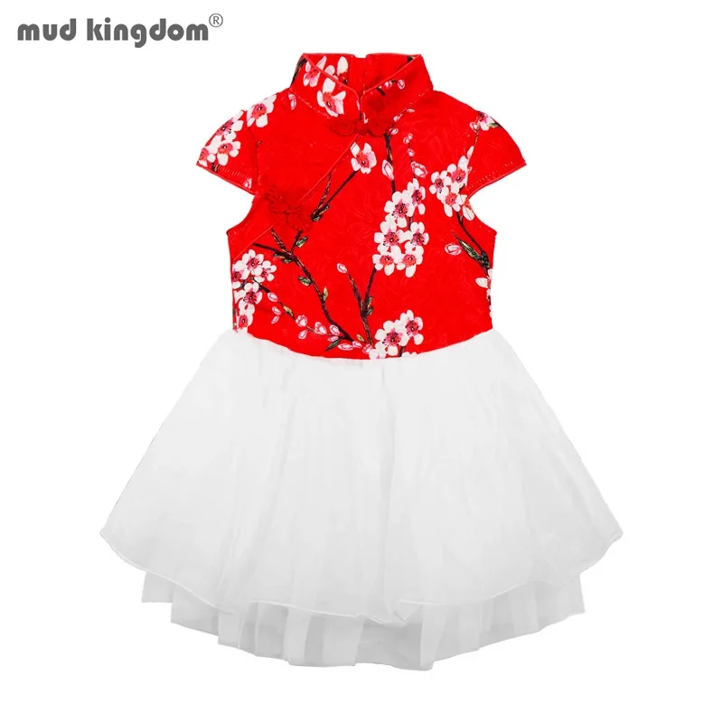 Mudkingdom Girls Chinese Qipao Princess Dress Floral Printing Embroidery Mesh Tutu Dresses for Toddler Girl Clothing Summer