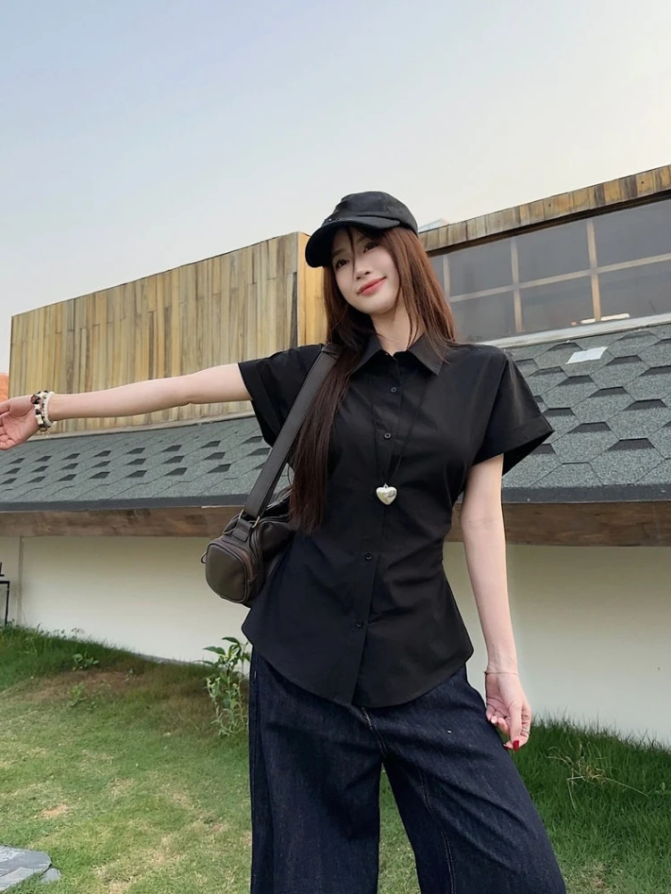 

Корейские хлопковые блузки Camisas De Mujer 2025 Blusas Mujer De Moda, бандажные туники с тонкой талией, рубашки, хлопковая летняя блузка, черные топы