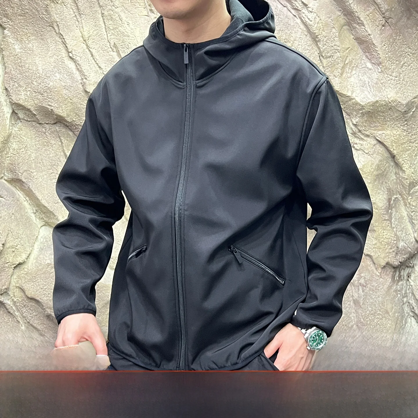 

Outdoor Men's Fce Lined 3D Tailored Soft ell Jaet Thermal Cosite Velvet Windproof Long Sve Hooded Coat