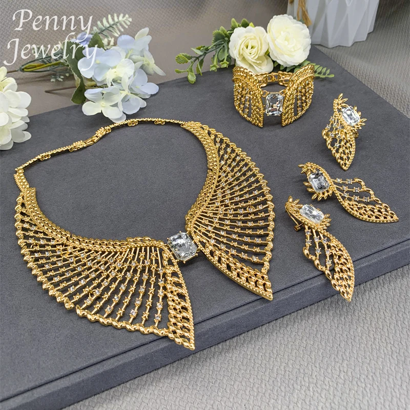 4Pcs Exquisite Rhinestones 18K Gold Plated Jewelry Set for Women Gemstone Necklace Earring Bracelet Ring Wedding Party Gifts