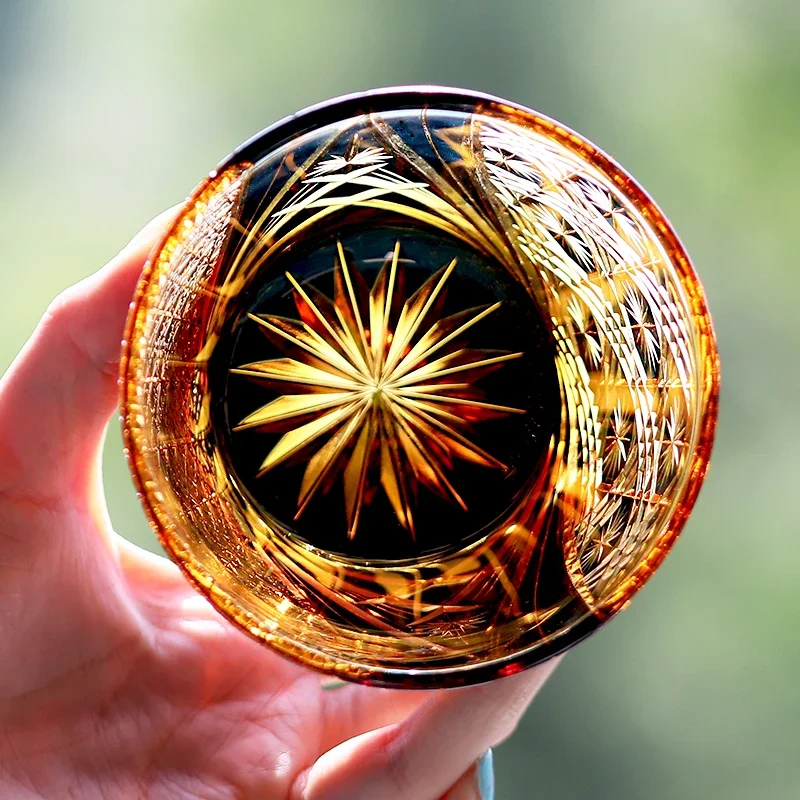 330ml 24% Lead Crystal Whiskey Glass Japanese Style Amber Bluish-green Edo Kiriko Cut Star Flower Cocktail Glass for Bar Party