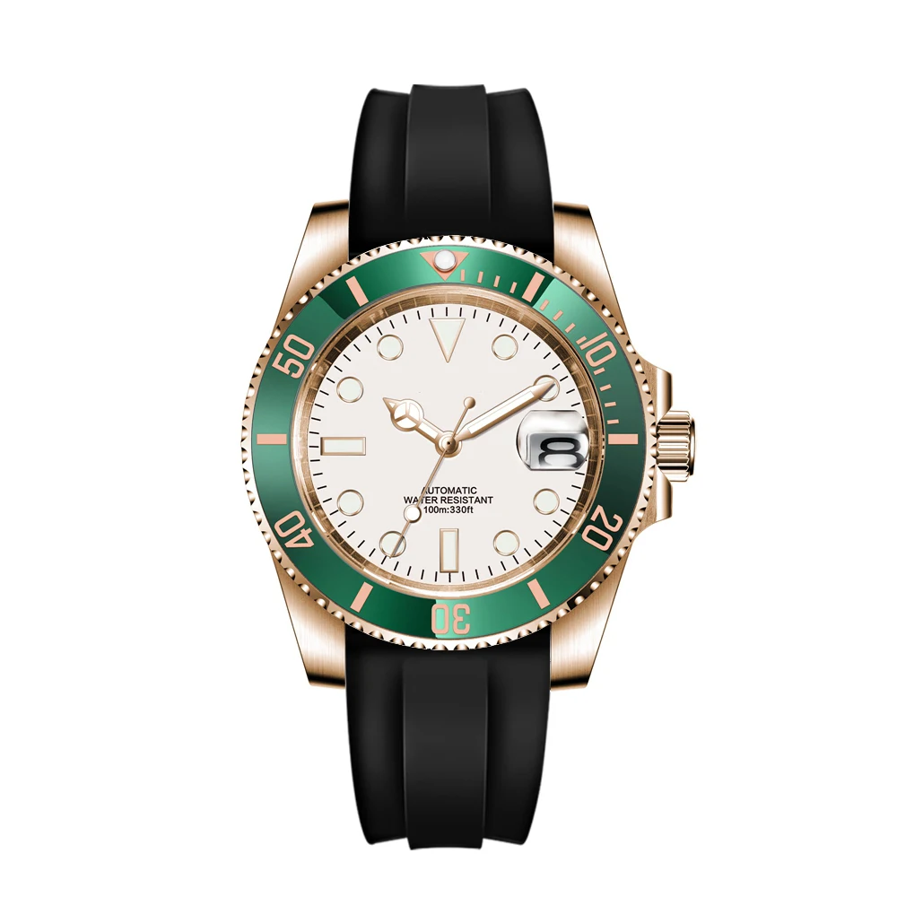 شعار مخصص فاخر NH35/ميوتا ساعة رجالية 40mm أوتوماتيكية ساعات المعصم الميكانيكية الغوص ساعة الياقوت السيراميك ارتفع الذهب شريط مطاطي