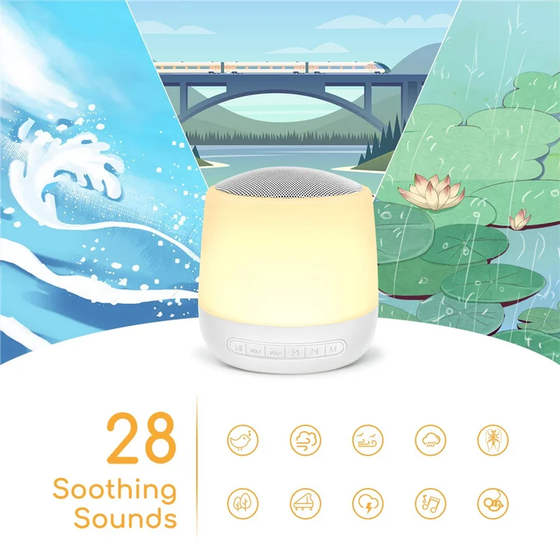 Máquina de ruído branco com luz noturna, sons calmantes, temporizador e função de memória 28 sons sonoros 32 níveis de volume