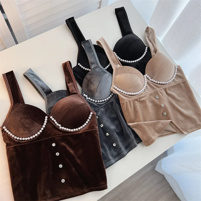 

Spaghetti Strap Camis for Women Velvet Crop Top Woman Tank Tops Off Shoulder Boho Holiday Sequins Camisole New Trend