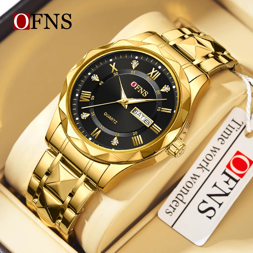 OFNS 7108 Luxury Fashion Men's Quartz Watch Double Calendar with Diamond Inlaid Waterproof Luminous Men's Quartz Watch 2025