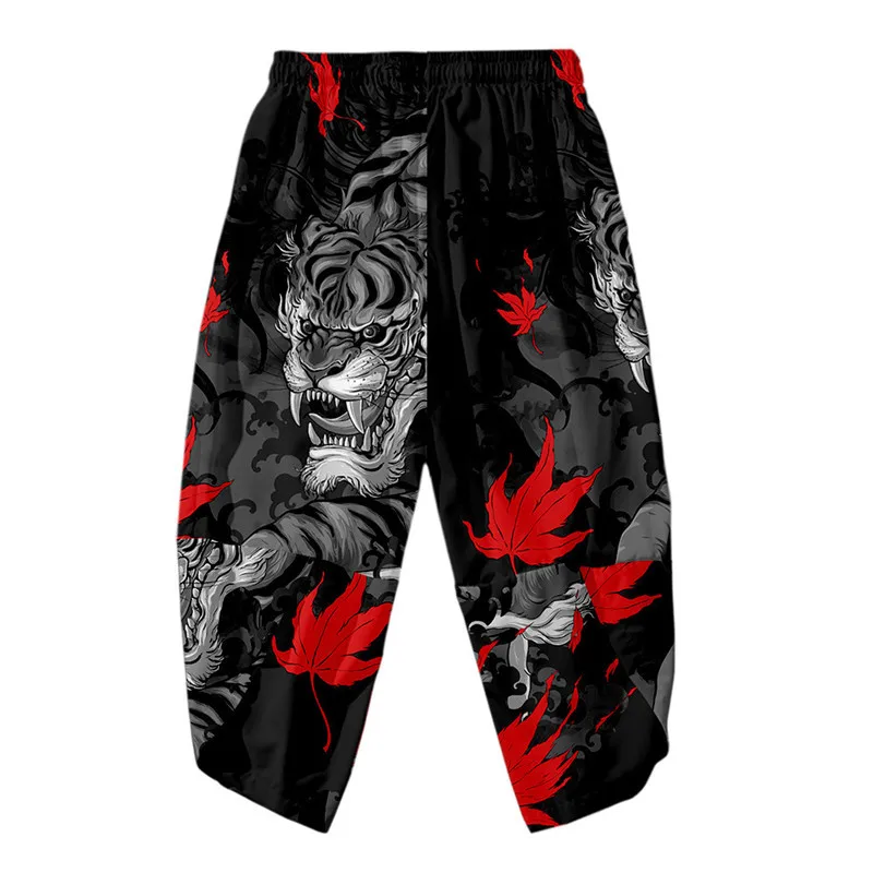 Cartoon Tiger Skeleton Printed Men Japanese Harem Trousers Casual Elastic Waist Kimono Cropped Pants Streetwear