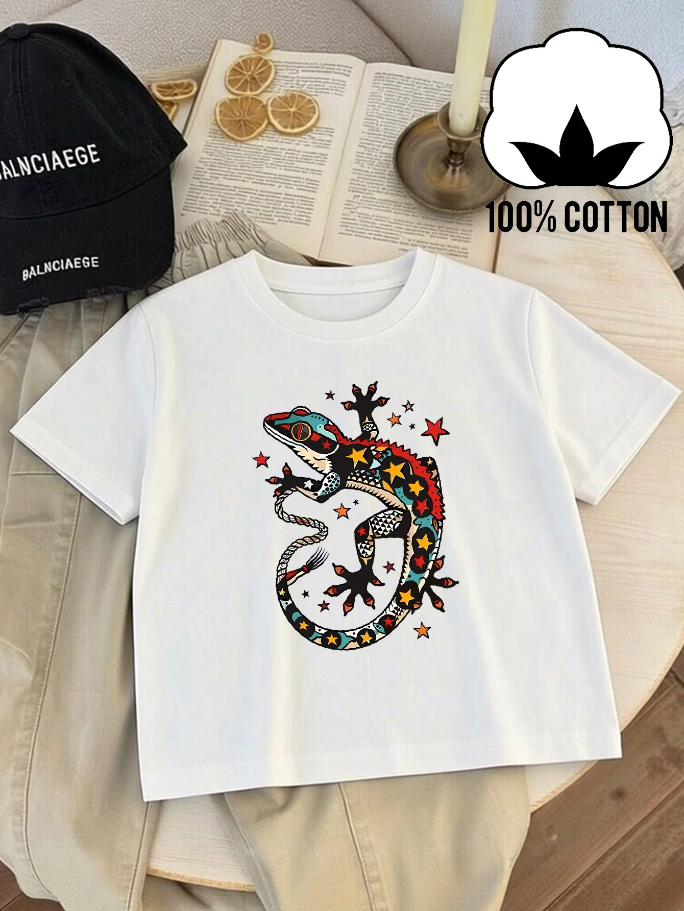 Children's Casual T-shirt Colorful Gecko Star Pattern Print Fun Summer Design Playful Children's Clothing Parent-child Outfit