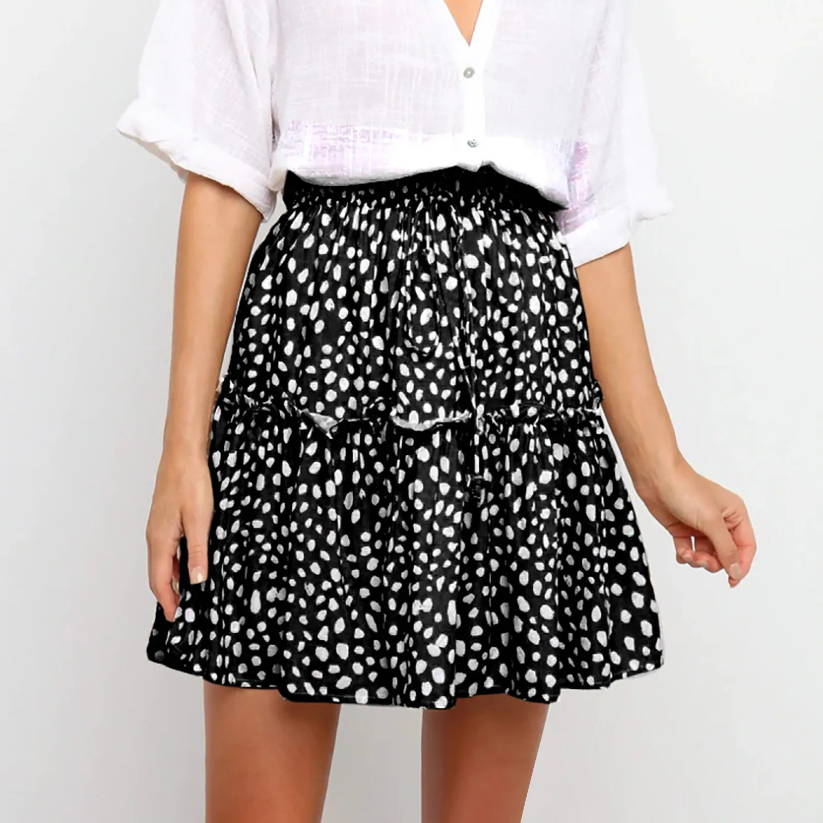 Women Floral Print A-Line Skirt Summer Lady High Elastic Wiast Little Daisy Vestidos Printed A Line Polka Dot Beach Cute Skirt