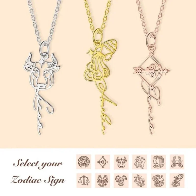 Personalized Hollow Zodiac Name Necklace Minimalist Horoscope Astrology Jewelry Mother's Day Birthday Gift for Women Girls