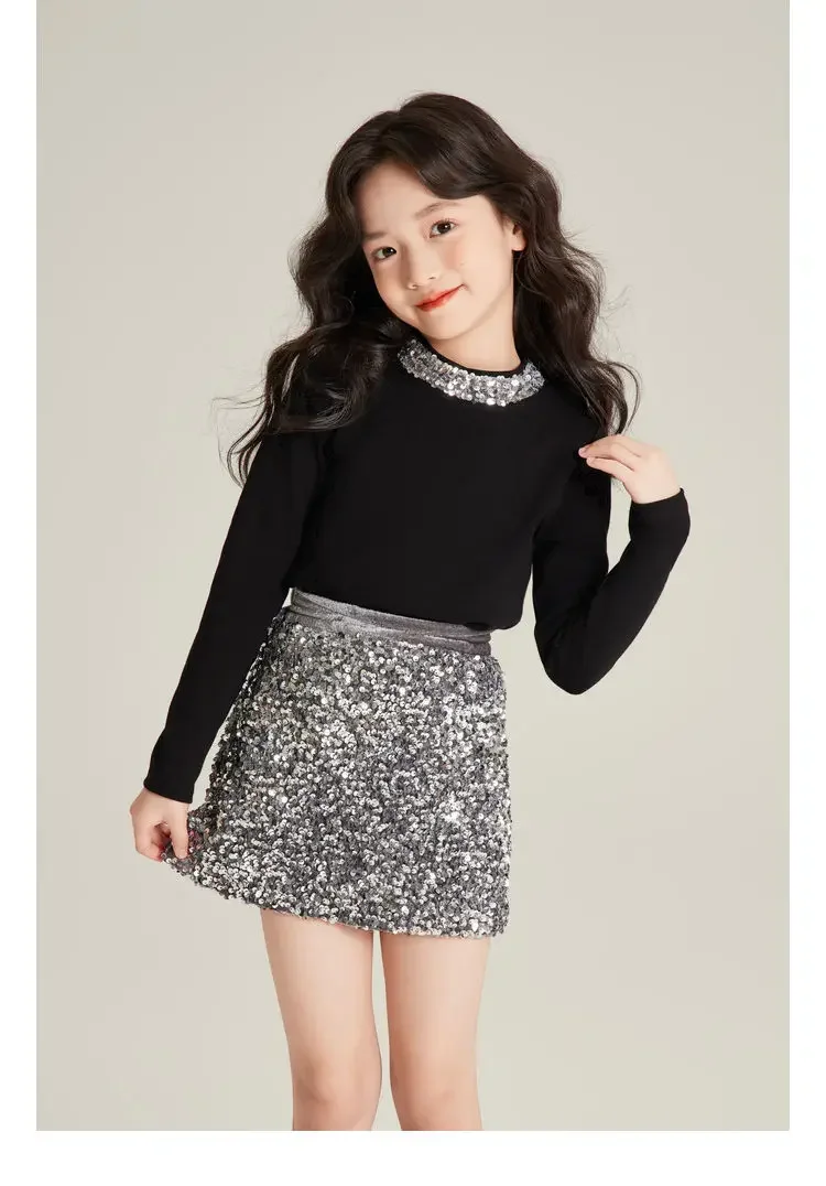 

New Baby Girls Fall Fashion Boutique Sets, Top + Sequined Skirts , Princess Elegant Suits 3-8 T