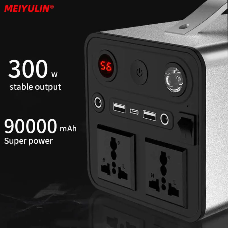 300W 전원 공급 장치 스테이션 태양열 발전기, 90000mAh, 휴대용 예비 배터리, 파워 뱅크, 110V, 220V, LED 조명, 야외 캠핑