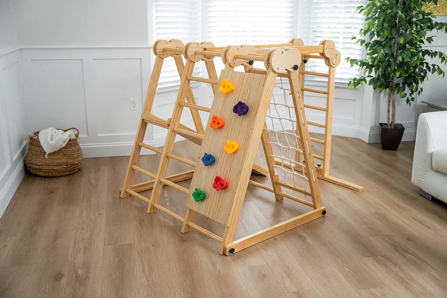 Ensemble de jeu d'intérieur 7 en 1 pour enfants de 2 à 6 ans avec toboggan, mur d'escalade, échelle, filet, barres, balançoire, anneau