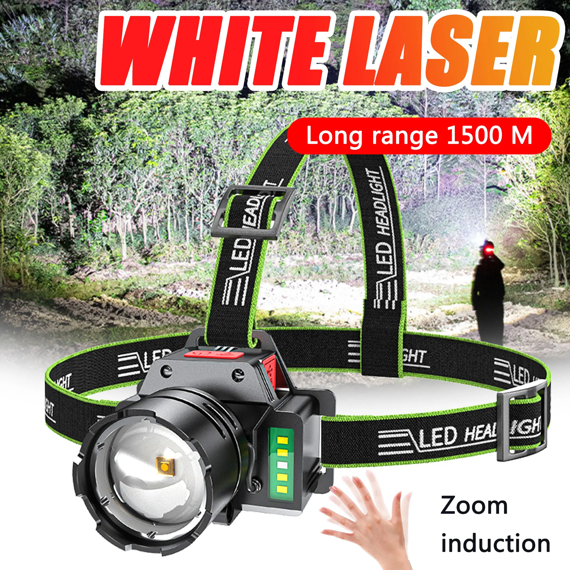 

High Light Headlight Wave Sensing Telescopic Focusing Charging Bank Function Red Warning Light Built-in Battery Long-Range Laser
