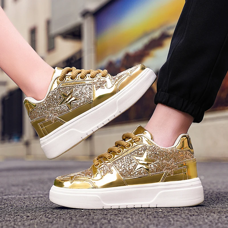 

Gold Luxury Designer Shoes Men Fashion Paillette Platform Star Men's Sneakers Height Increasing Casual Stylish Women's Sneakers