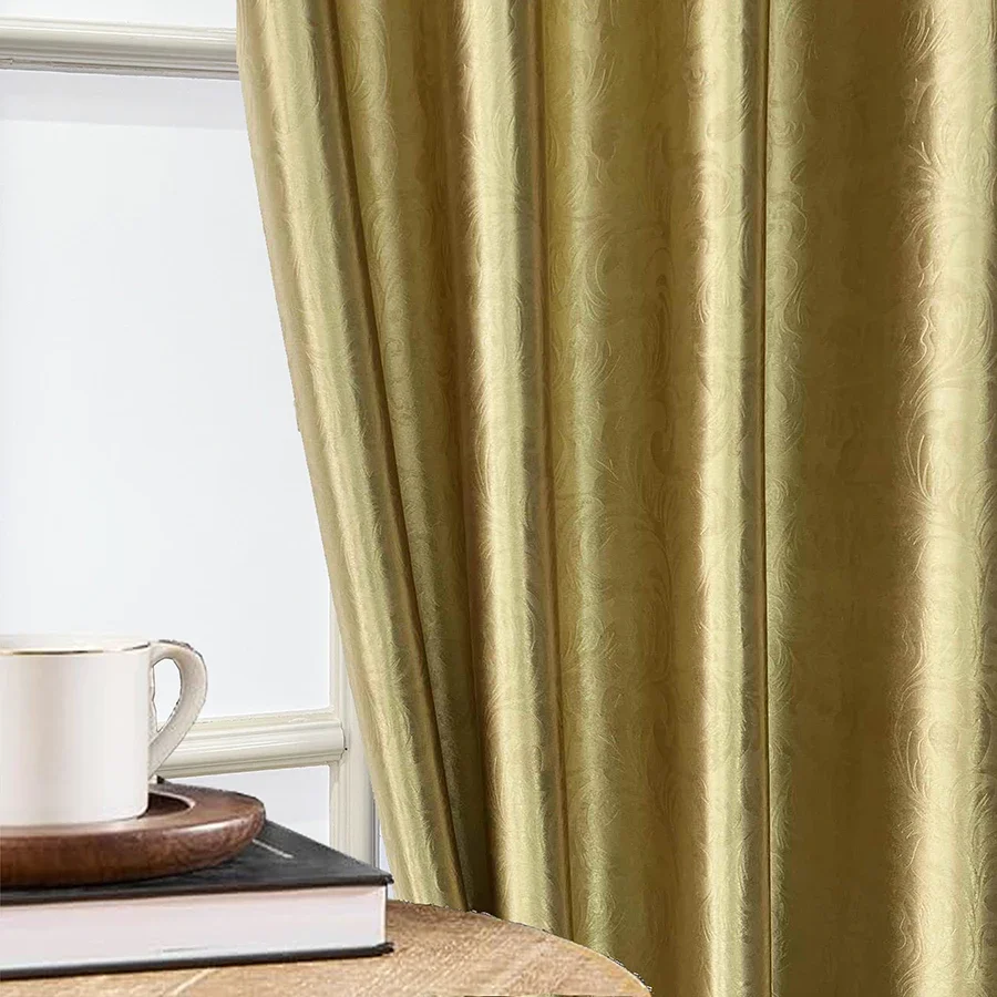 Golden European Jacquard Blackout Curtains ,Leaf Embossed Botanical Thermal Insulated Window Treatment For Living Room Decor
