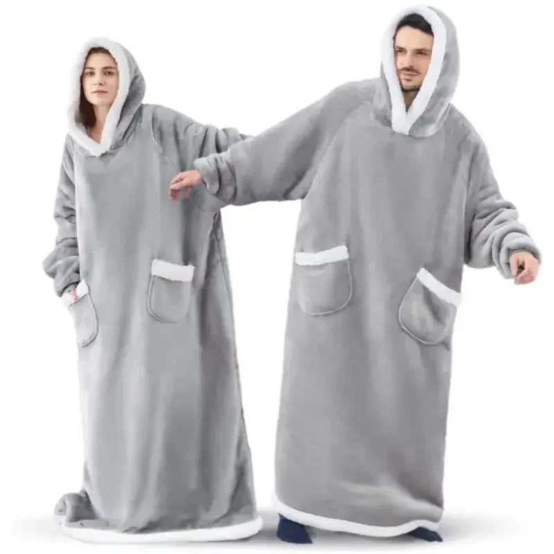 Sudaderas con capucha de invierno, manta gruesa y cálida de lana gigante para TV, manta usable de gran tamaño con mangas de franela, manta con capucha