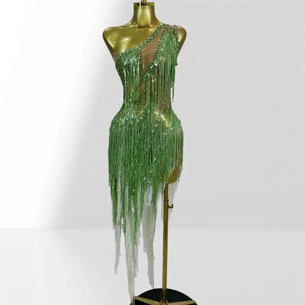 Luxury Diamond Tassels Sexy Mesh See Through Bodycon Dress Sparkly Green Fringe Nightclub Party Celebrate Latin Dance Stage Wear