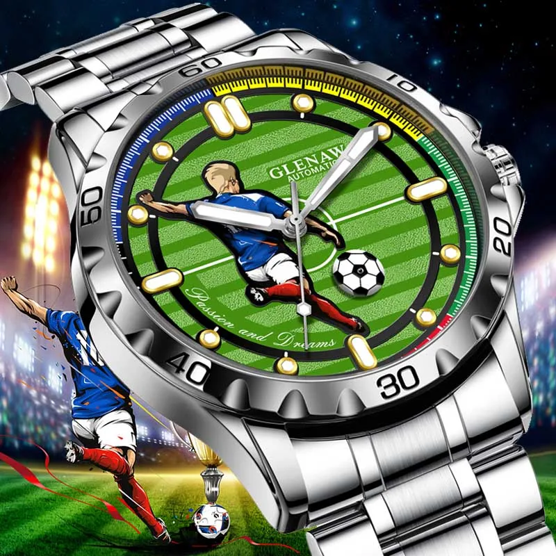 2025 New Men's Mechanical Watches World Cup Football Element Style Design Silver Classic Case Waterproof Luminous Watch for Men