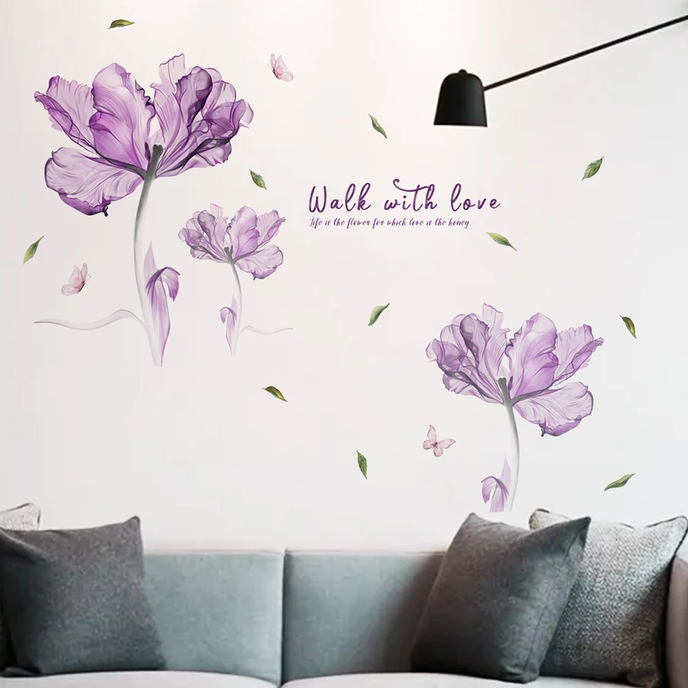 Vinyl Wall Decals with Purple Flowers English Style Home Decoration for Living Room Removable Peelable Set of 2pcs PVC Material