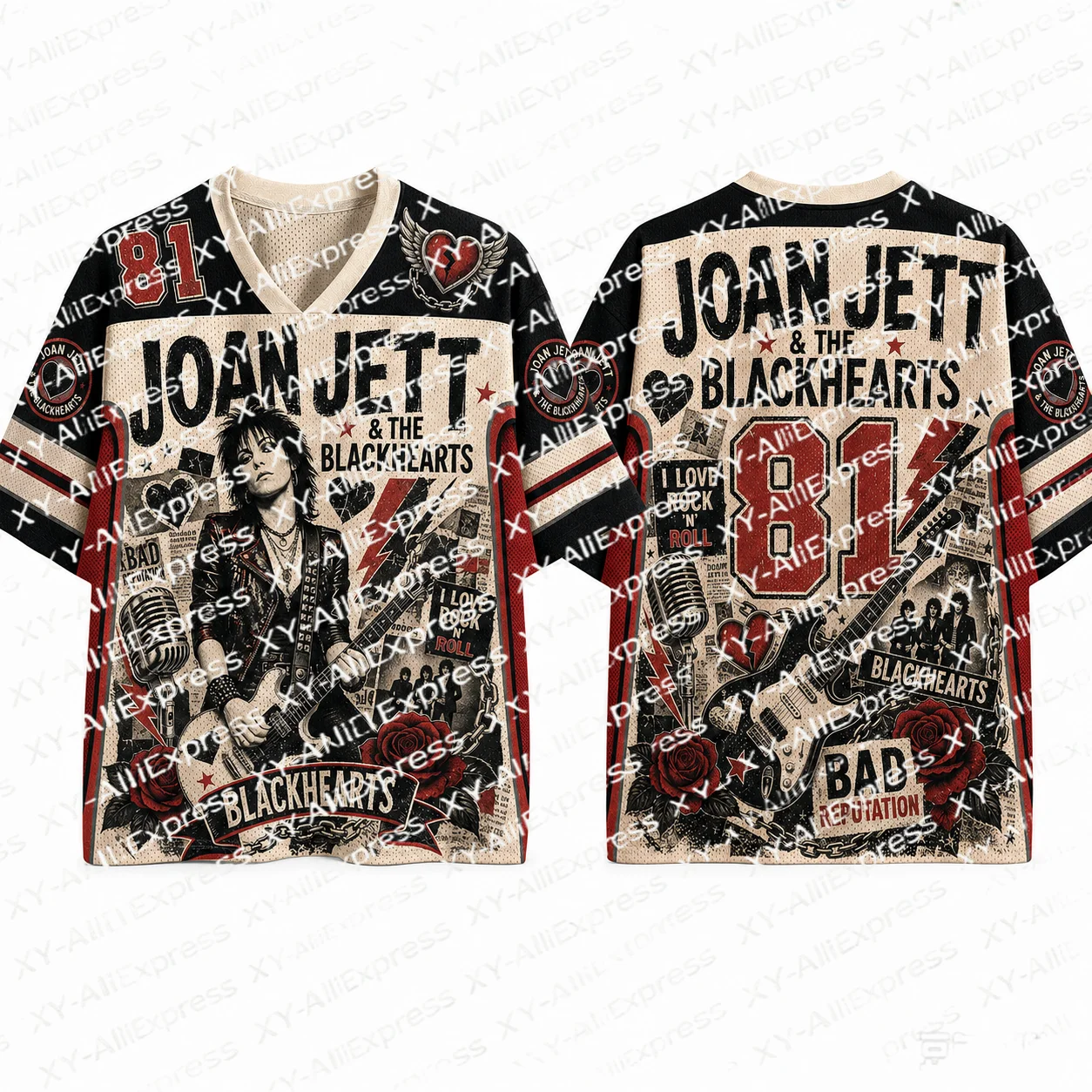 Vintage Rock Mesh Top, Retro Art Patterns, Red Roses and Electric Guitar Design Loose-fitting Shirt, Perfect Concerts Streetwear