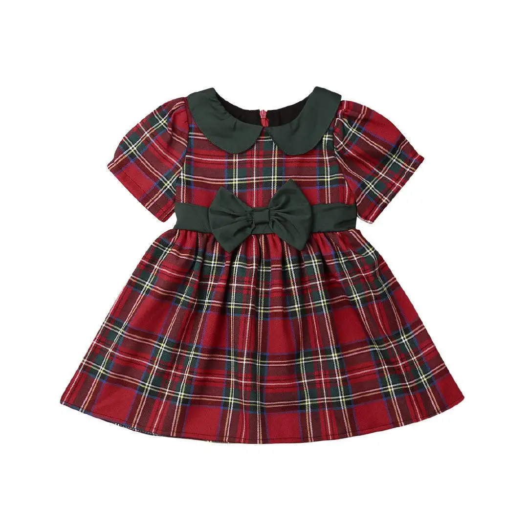 Toddler Girls Christmas Plaid Dress Short Sleeve High Waist Bowknot Red Tutu Princess Xmas Party Outfit 6M-4T Kids Holiday