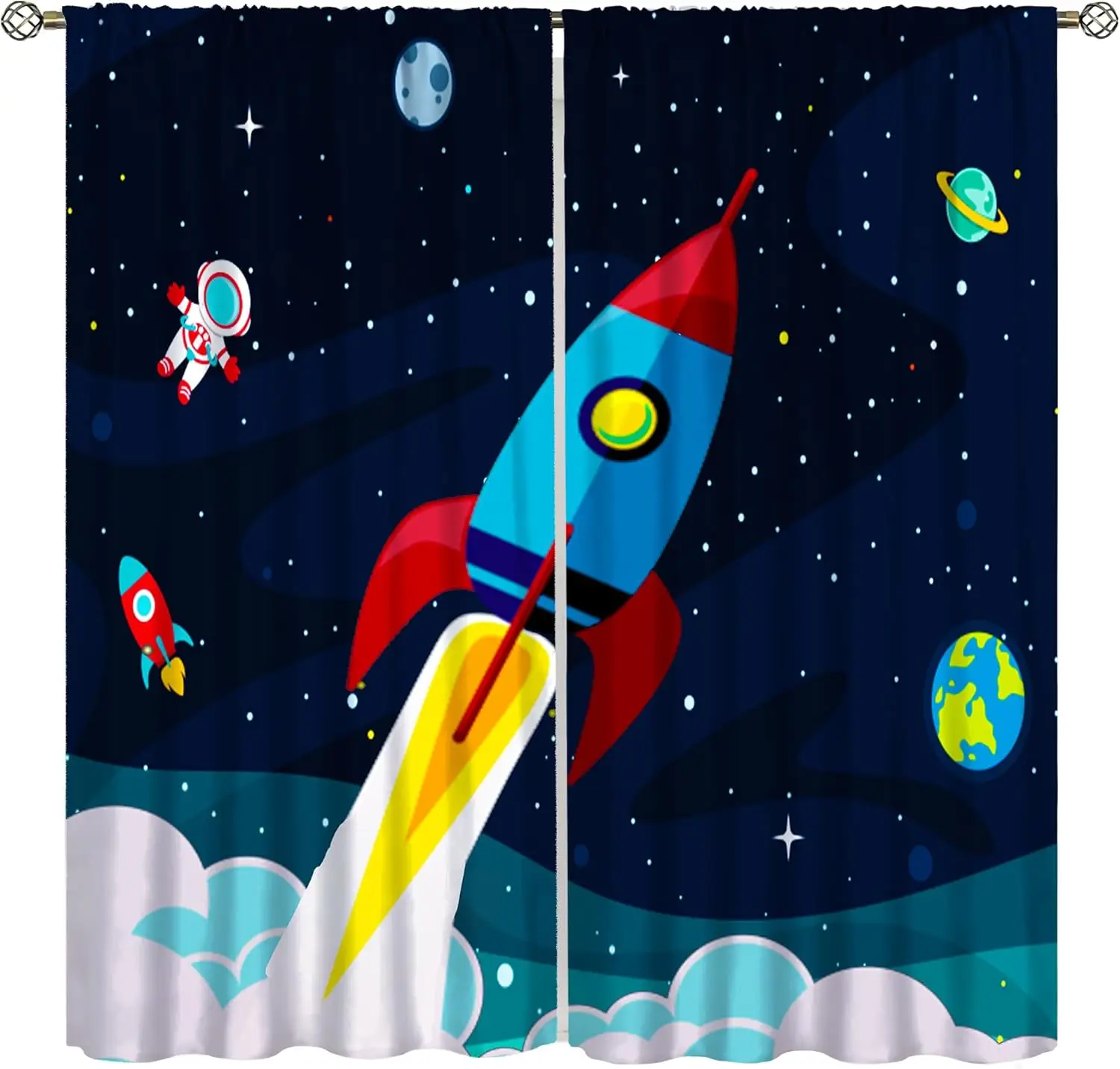 Funny Cartoon Galaxy Astronaut Rocket Curtains, Outer Space Planet Print Drapes for Boys Baby Nursery Bedroom Living Room Decor