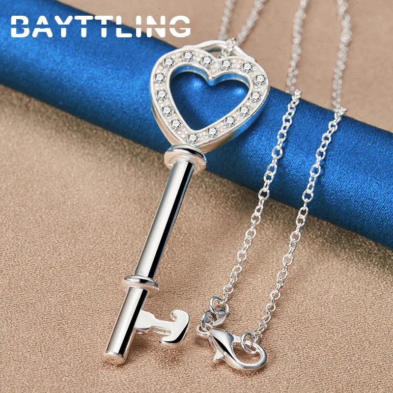 New Fine 925 Sterling Silver 16-30 Inches Heart Key Zircon Necklace For Women Men Fashion Charm Wedding Gift Accessories Jewelry